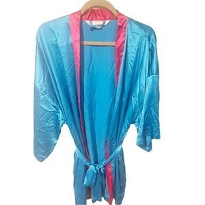 Victorias Secret One Size Blue Pink‎ Trim Satin Belted Robe Sleepwear